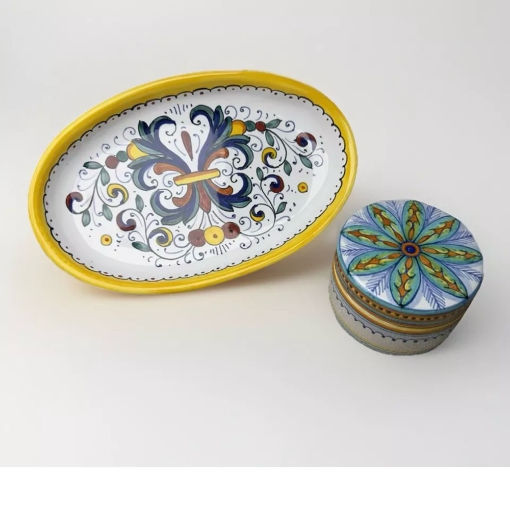 DERUTA OF ITALY SBERNA RICCO High Edge Tray & GIALETTI Trinket Box 2 Piece ART